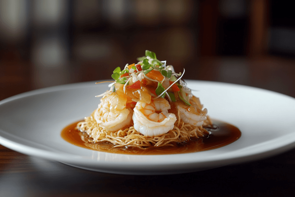 A_perfectly_plated_shrimp_chow_mein_