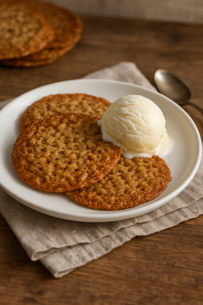 Oatmeal Lace Cookies with Creamy Vanilla Ice Cream