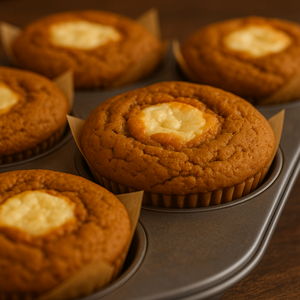 Realistic photo of a pumpkin cheesecake muffin served on a white plate with visible creamy center, warm autumn tones, cinnamon sticks, and coffee in background.
