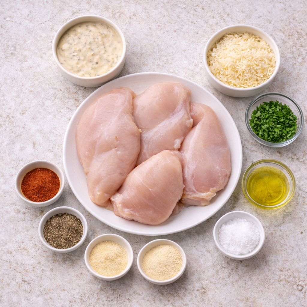Baked Caesar Chicken ingredients: chicken breasts, Caesar dressing, Parmesan, spices, olive oil, and parsley