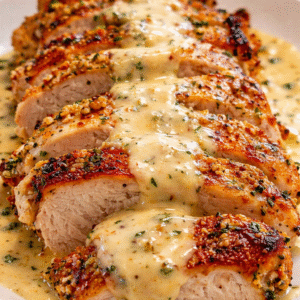 Baked Caesar Chicken sliced and topped with creamy Parmesan sauce