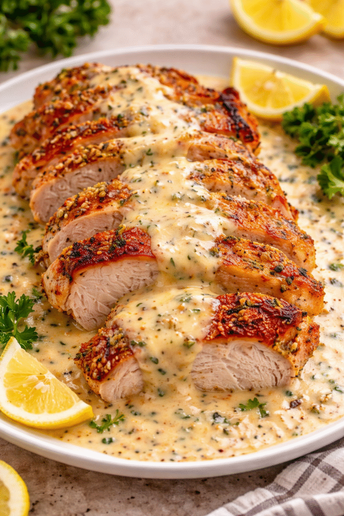 Baked Caesar Chicken sliced on a plate with creamy Parmesan sauce