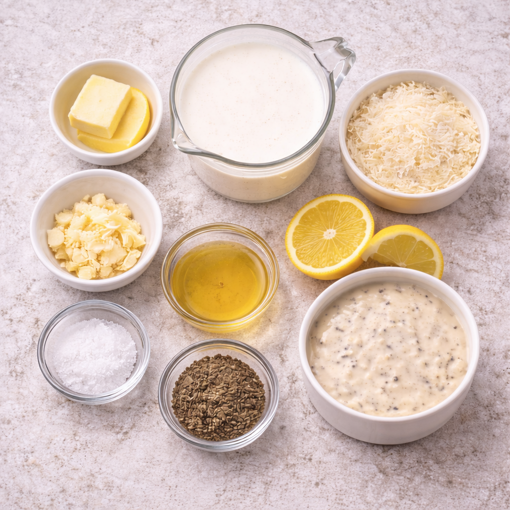 Creamy Parmesan sauce ingredients: butter, garlic, heavy cream, Parmesan, Caesar dressing, lemon, salt, pepper, and broth