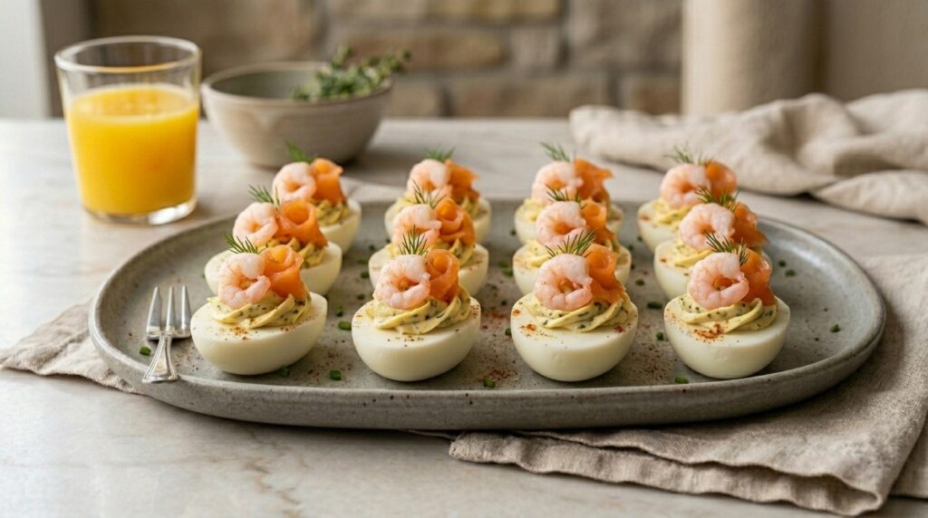 Gourmet crab-stuffed deviled eggs arranged on a platter surrounded by fresh ingredients like lump crab meat, eggs, lemon, and chives.