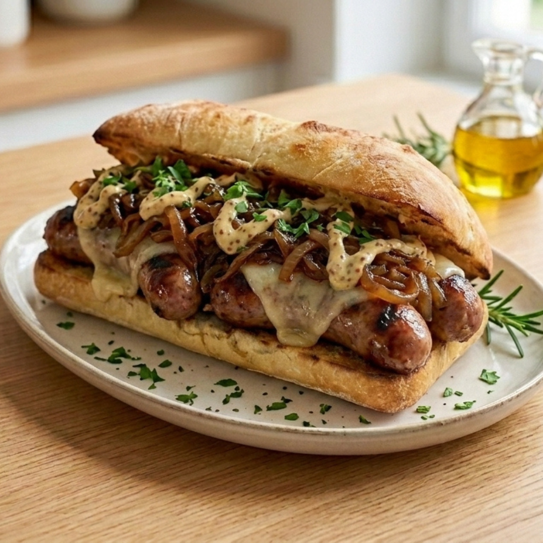 Juicy Beef Bratwurst Recipe (Perfect for Bratwurst Day) 1 Juicy Beef Bratwurst Recipe (Perfect for Bratwurst Day) A complete raw ingredients checklist on a wooden board for the juicy beef bratwurst recipe, featuring sausages, yellow onions, beef broth, garlic cloves, and caraway seeds.