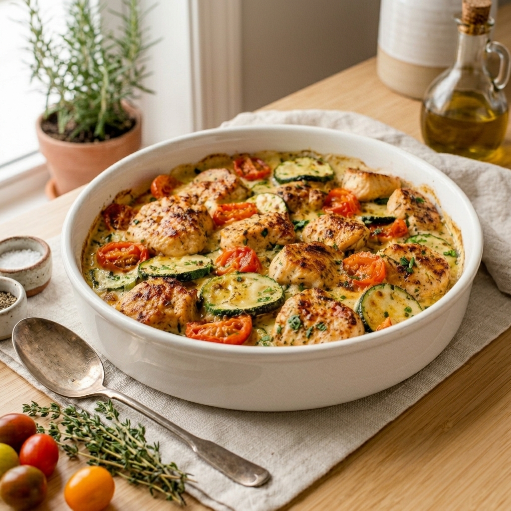 A freshly baked Mediterranean chicken zucchini bake in a white ceramic dish, featuring roasted chicken pieces, sliced zucchini half-moons, cherry tomatoes, Kalamata olives, and crumbled feta cheese.