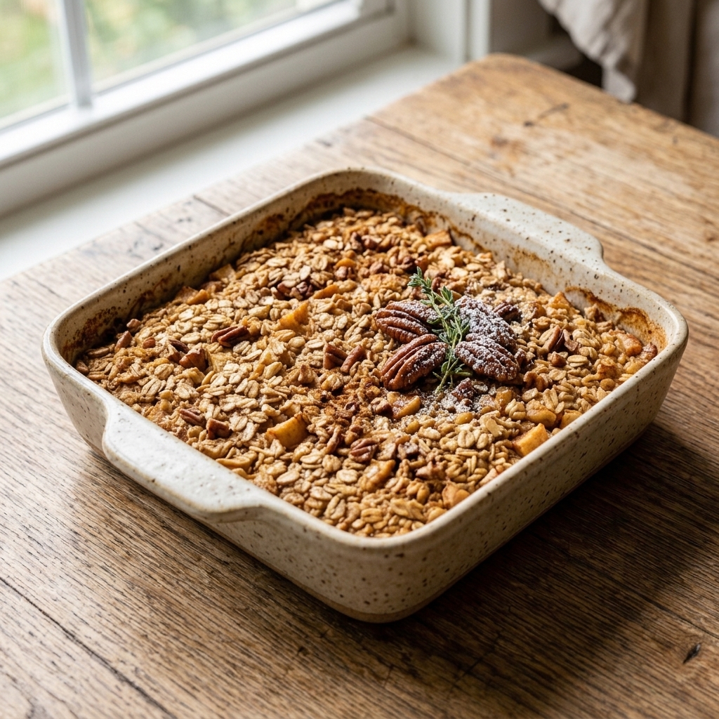Ceramic baking dish containing an easy healthy baked oatmeal with apples and cinnamon