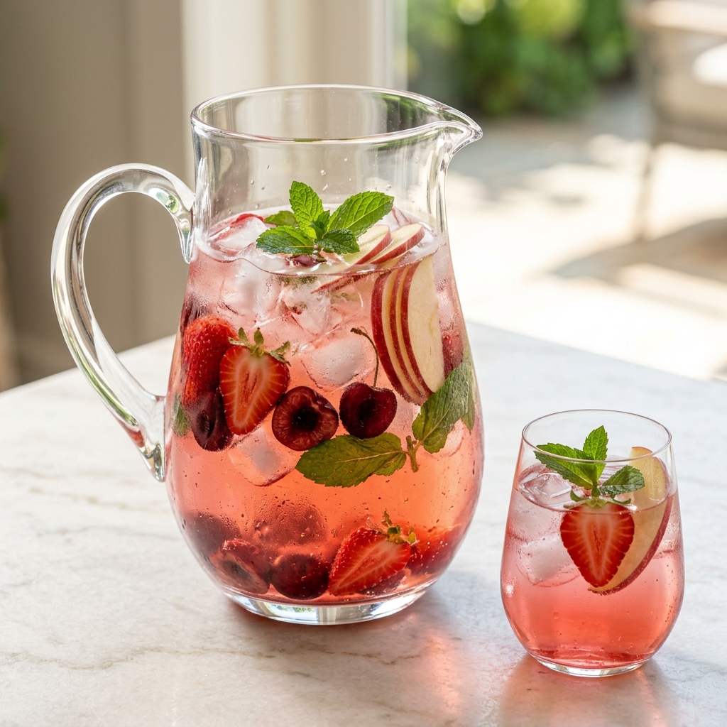 Large glass pitcher filled with Red Glow Skin Water featuring sliced strawberries, cherries, red apple, and fresh mint.